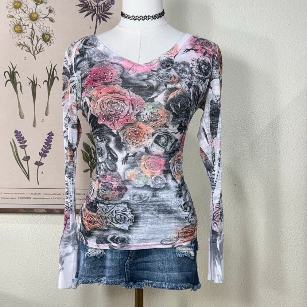 Vintage 90s Y2k Floral Rhinestone Long Sleeve Top Fairy Grunge Trashy McBling L